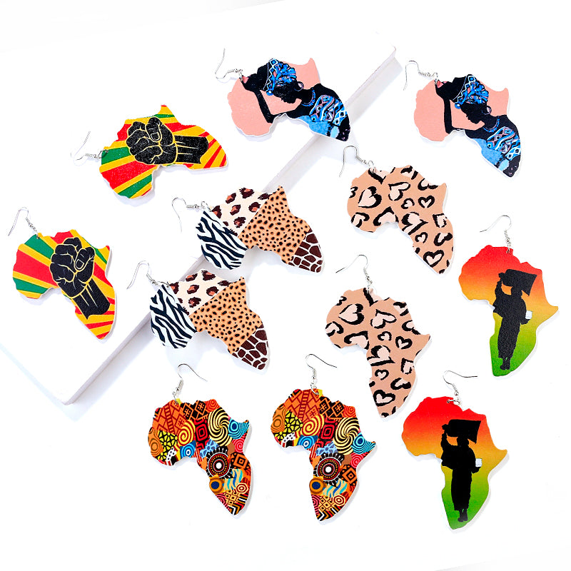 Tribal Multi-Color Wood Africa Map Shape Earrings